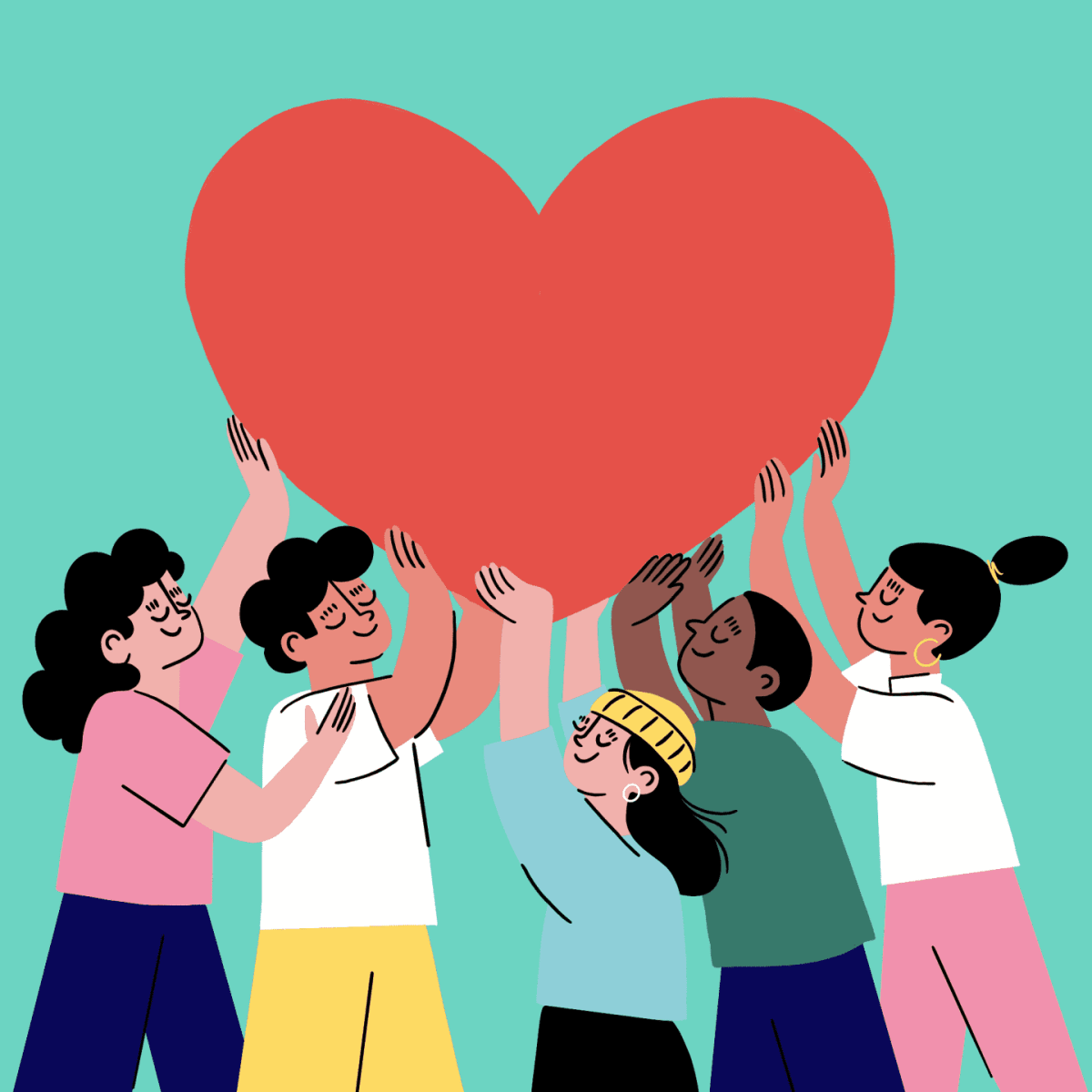 Illustration of a group of people reaching up together to hold a large red heart