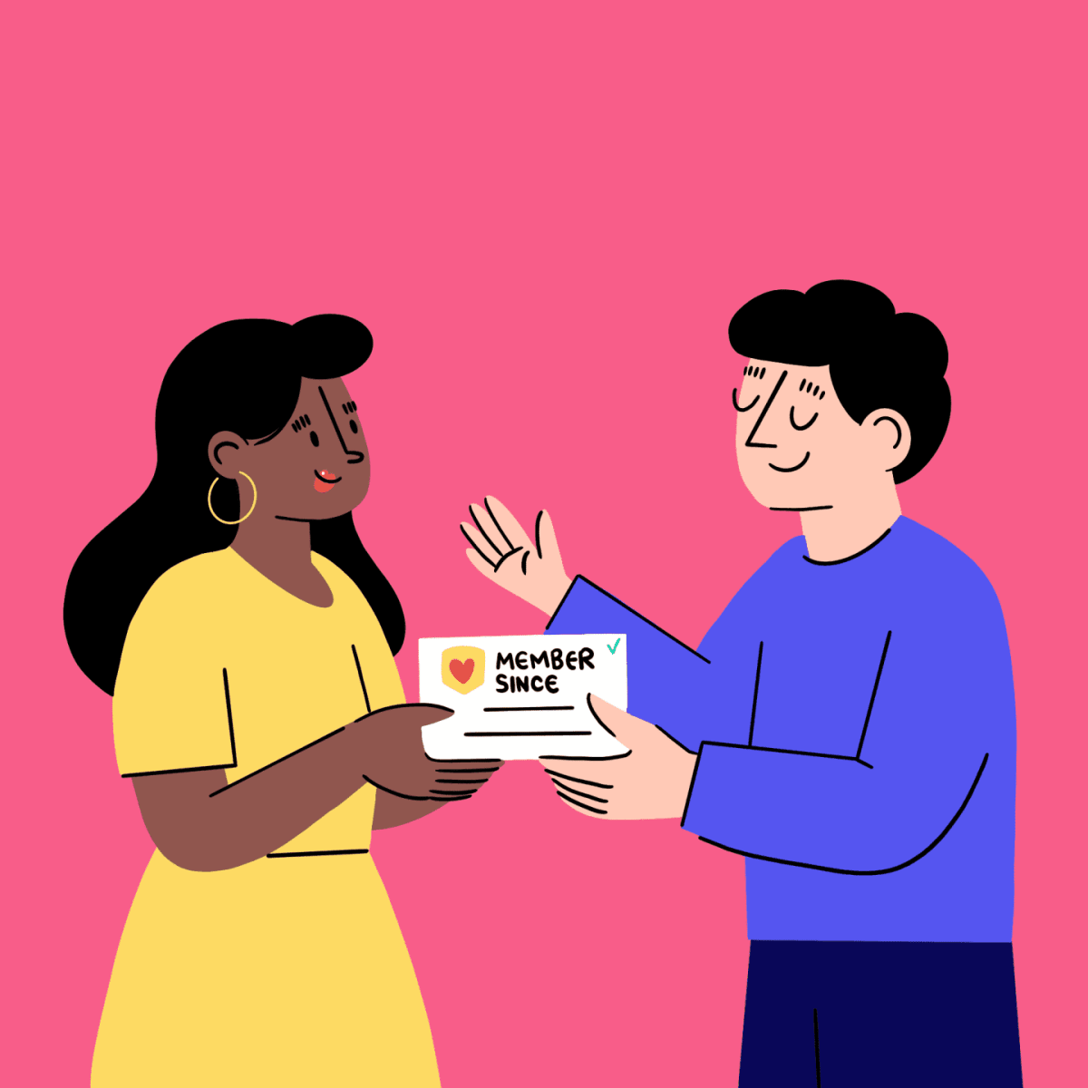 Illustration of one person handing a "Member since" card to another