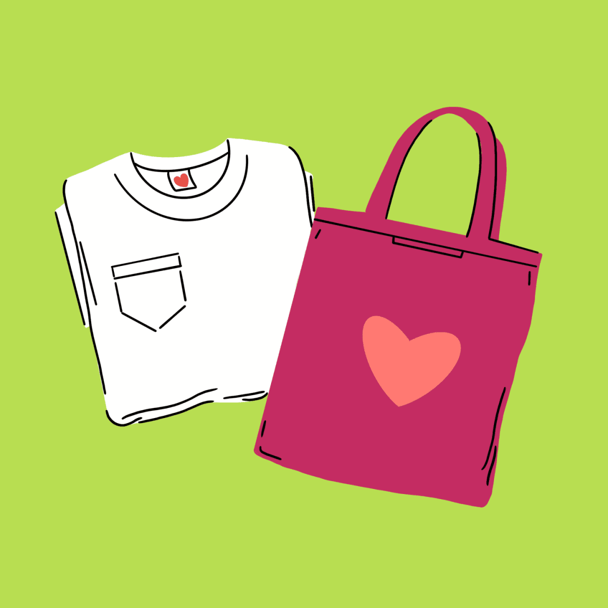 Illustration of a white t-shirt beside a pink tote bag with a heart on it